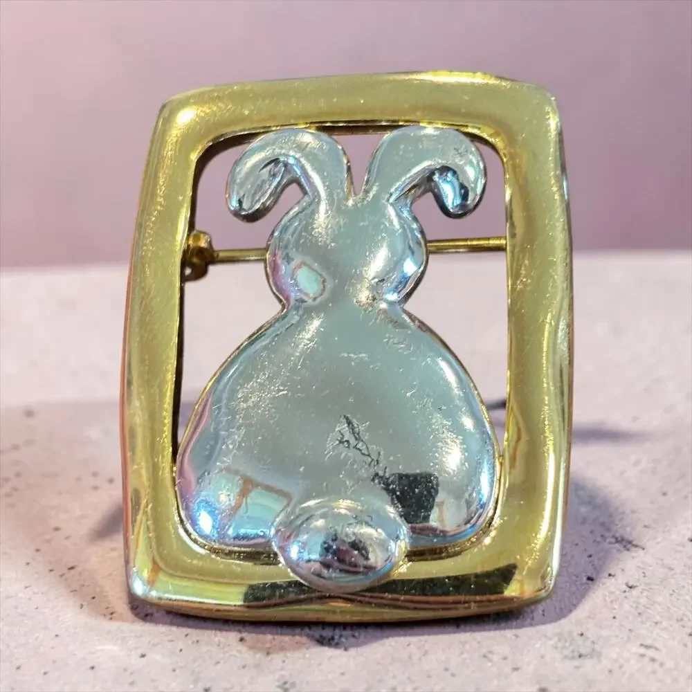 Vintage Abstract Bunny Rabbit Brooch Gold Silver Two Tone Modernist Animal Pin